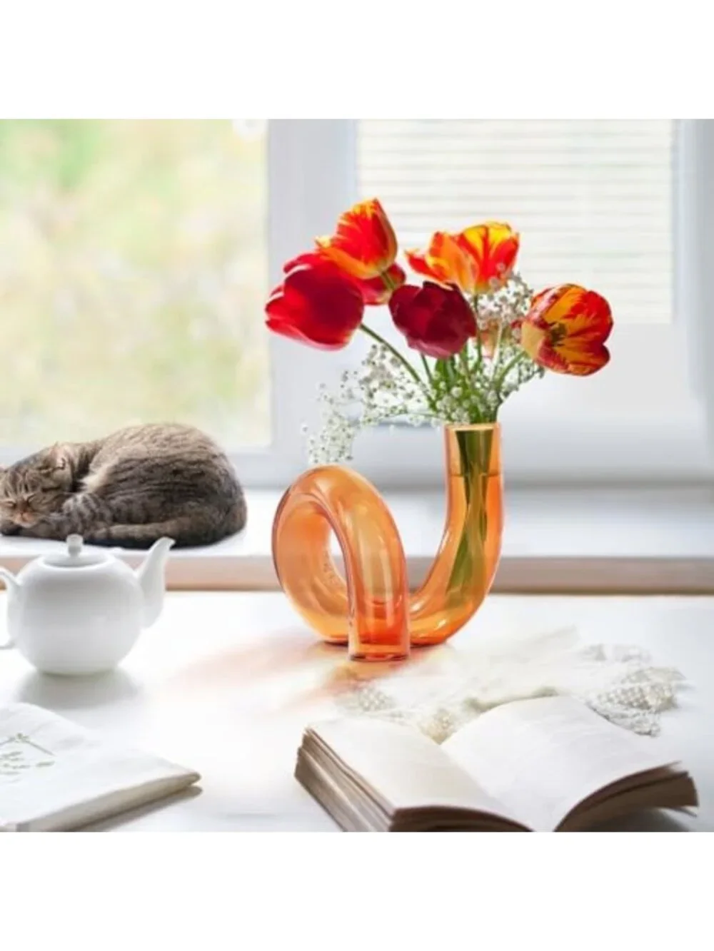Handmade Small Amber Glass Flower Vase | Decorative Geometric Bud Holder